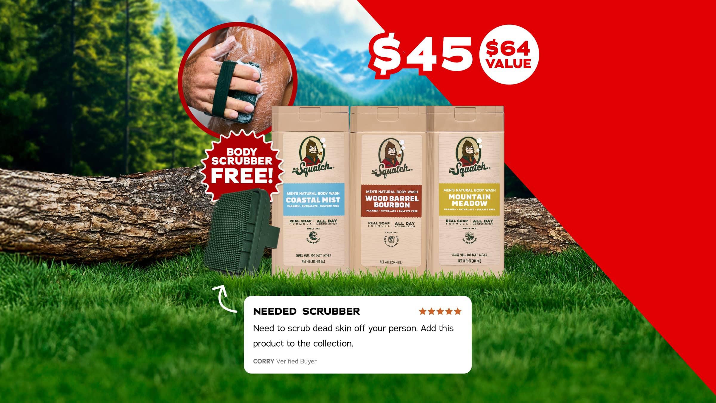 3-Pack Body Wash + FREE Body Scrubber - Wash Hard and Rinse Clean
